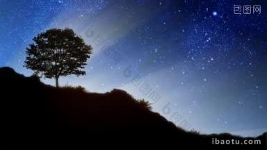 随着世界的旋转，星星似乎在岩石山上<strong>一</strong>棵树的剪影后面旋转